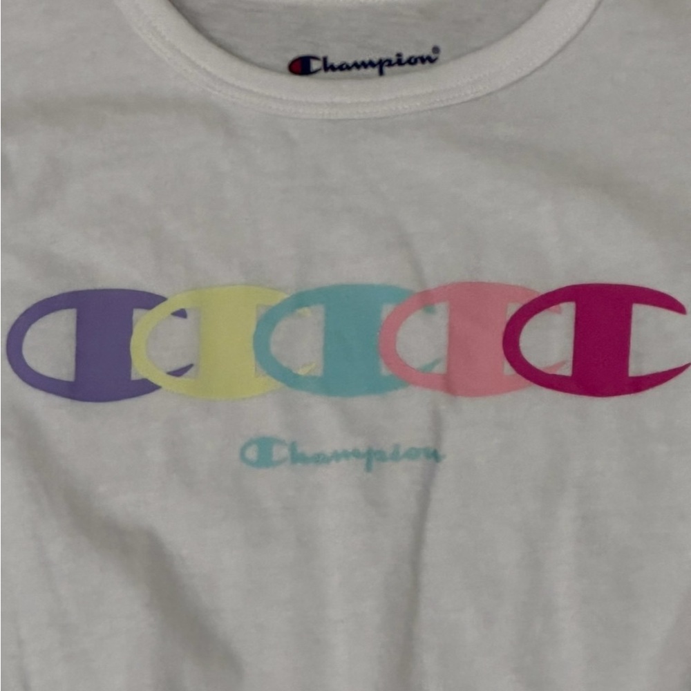Champion Girls White Long Sleeve Front Tie Shirt Top, Size 5,Multi Color Logo - Picture 3 of 3